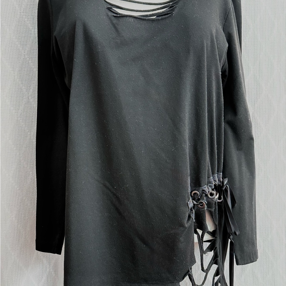 Hip Black Long Sleeve Top with Lace-Up Accent and Cut Outs.